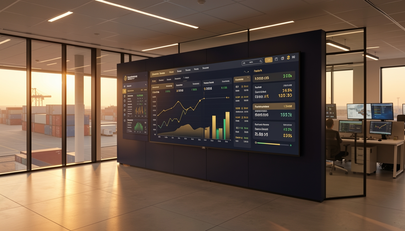 Modern logistics control room with freight tracking dashboard and performance analytics, warm amber lighting against dark surfaces
